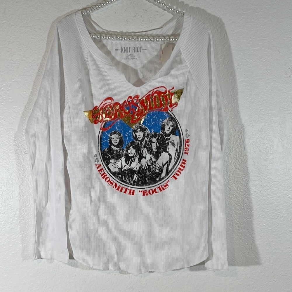Knit Riot by Victorias Secret PINK Aerosmith Slit Neck Thermal Top White Large - Picture 4 of 9